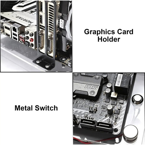 Close-up of Open Frame Case Test Bench For DIY Builds Fits ATX Micro ATX ITX Motherboards with graphics card holder and metal switch.