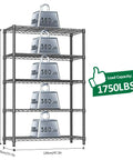 Heavy Duty 5-Tier Metal Storage Shelving Unit With Adjustable Wire Shelves For Garage, Kitchen, Basement, Laundry And Office, The Workhorse Black Steel Rack With 1750 Lbs Total Capacity, 47.2 W X 17.7 D X 72.3 H showing 5-tier shelves and 350 lb load labels