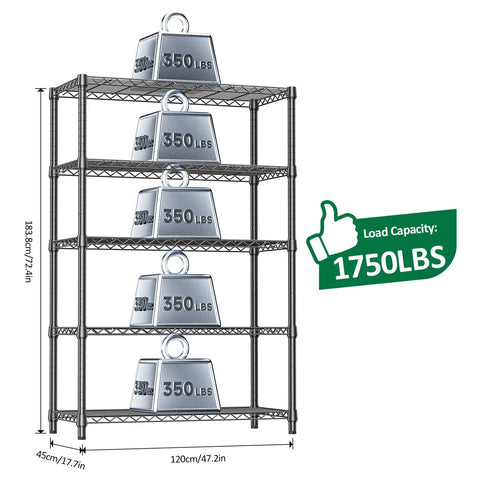 Heavy Duty 5-Tier Metal Storage Shelving Unit With Adjustable Wire Shelves For Garage, Kitchen, Basement, Laundry And Office, The Workhorse Black Steel Rack With 1750 Lbs Total Capacity, 47.2 W X 17.7 D X 72.3 H showing 5-tier shelves and 350 lb load labels