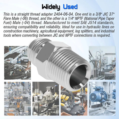 3/8 Inch JIC 37 Degree Male To 1/4 Inch NPTF Male Hydraulic Adapter Fitting For Straight Thread JIC To NPTF Port Connections In Hydraulic Systems And Hydraulic Hose Assemblies. Stainless steel adapter