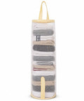 Round Hanging Mesh Sock Storage Bag With Nylon Pockets For Closet Door Organization And Dorm Room Essentials Quick Access Laundry Solution To Keep Your Socks Legit Neat And Pretty Dang Slick, filled with rolled socks.