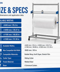 Rock Solid Industrial Packaging Roll Stand With No Hassle Slide Cutter And Easy Roll Casters, showing size specs for rolls up to 1600mm.