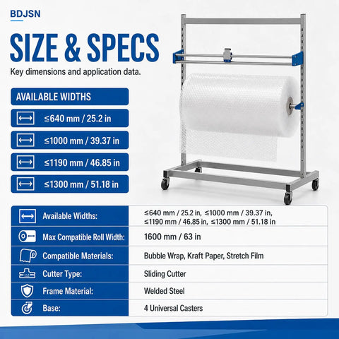 Rock Solid Industrial Packaging Roll Stand With No Hassle Slide Cutter And Easy Roll Casters, showing size specs for rolls up to 1600mm.