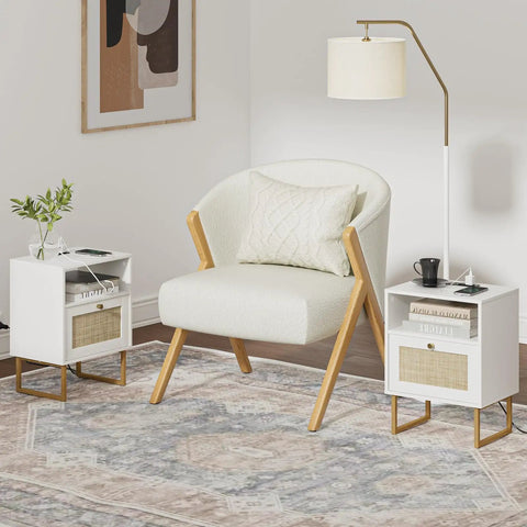 Rattan Boho Nightstand With Charging Station Dope Space Saving Farmhouse Wood Bedside Table With Storage Drawer And Open Shelf Gold Frame End Table For Bedroom Living Room Office White in a styled room with a chair and lamp.