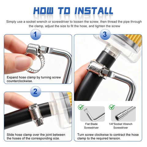 Heavy Duty 122 Pcs Stainless Steel Hose Clamp Assortment Kit With Adjustable Worm Gear Clips Perfect For Auto Radiator Plumbing Fuel Lines And Harsh Engine Bays Made To Fit All Sizes Ranging From Quarter Inch To Two Inches, installation guide