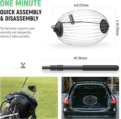 Tennis Ball Pickleball Roller Collector No Bending Over Quick Roll Up For 1.5 To 3 Inch Balls Telescopic 30 To 58 Inch Golf Ball Retriever Handles Up To 40 Balls TB01S in car and on grass