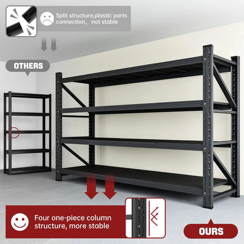 Comparison of two shelving units, highlighting Beefy 5000 Lb Garage Shelving Unit, Extra Wide 71 Inch W by 24 Inch D Steel Shelves, Black.