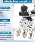 Close-up of the Half Inch NPT Top-Notch Pro Grade Four Stage Air Dryer System with gauges and water drain indicator.