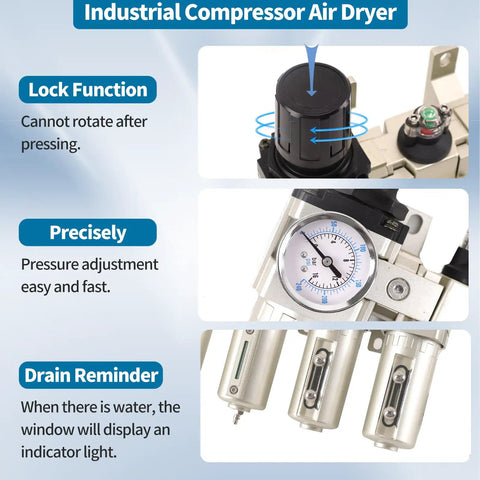Close-up of the Half Inch NPT Top-Notch Pro Grade Four Stage Air Dryer System with gauges and water drain indicator.
