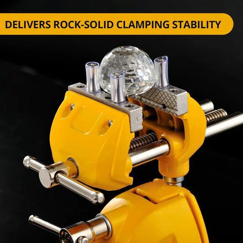 Badass Heavy Duty Cast Steel Bench Vise With Full 360 Swivel Ball Joint And Quick Grip Clamp Mount For Workbenches showing detailed clamping mechanism.