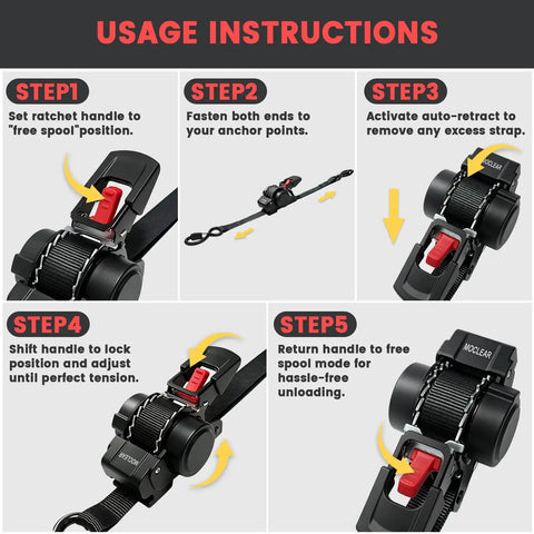 Usage instructions for Heavy Duty Self Retracting Ratchet Straps 1 Inch Wide 12 Feet Long With 1500 Lb Break Strength