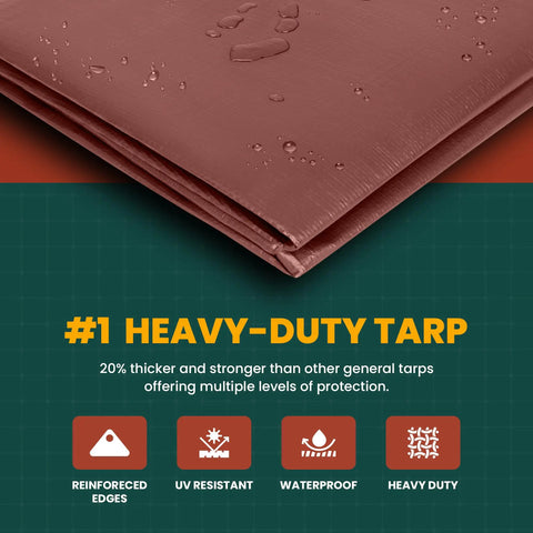 Close-up of folded brown 10 mil tarp with water droplets, text highlighting Beefy Heavy Duty 10 Mil Waterproof Tarp For Indoor Outdoor Use.
