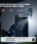Solar Powered Outdoor Security Camera With 2K 360 Degree View Wireless WiFi Color Night Vision PIR Detection Two Way Audio Motion Alerts Easy Setup No Wires No Fuss installed above door, detecting intruder at night
