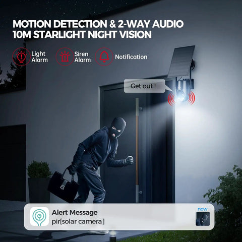 Solar Powered Outdoor Security Camera With 2K 360 Degree View Wireless WiFi Color Night Vision PIR Detection Two Way Audio Motion Alerts Easy Setup No Wires No Fuss installed above door, detecting intruder at night
