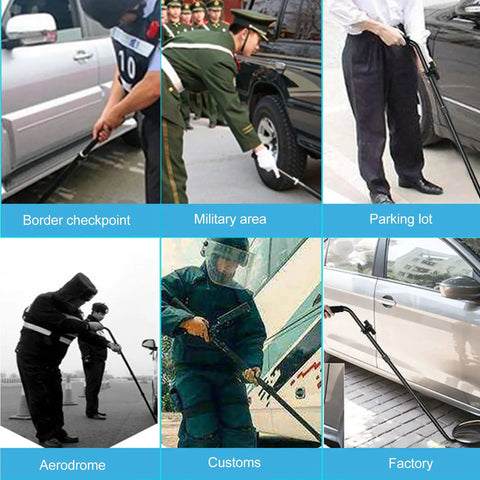 Under Vehicle Inspection Mirror With 2X Magnification Waterproof Foldable Adjustable Angle Lightweight Acrylic Mirror used by security personnel for vehicle checks in various locations such as border checkpoints and parking lots.