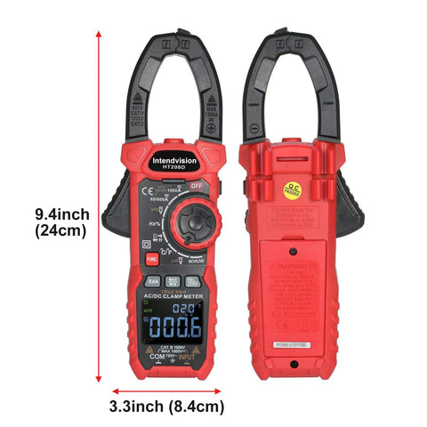 Front and back view of Inrush Clamp Meter 1000A True RMS AC DC Current Meter With VFD LOZ Mode 6000 Counts, 9.4x3.3 inches size.