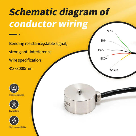 Compact Flush Diaphragm Button Load Cell Stainless Steel IP66 Compression Sensor For OEM Space Constrained Setups 10 To 500 Kg Range 0.5 Percent FS Ideal For Collaborative Robots End Of Arm Tooling And Servo Press Monitoring, 6-wire cable diagram