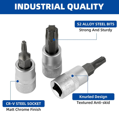 Torx Bit Socket Set One Quarter Inch Drive With Nine Pieces T10 Through T50 S2 Alloy Steel Bits And Chrome Vanadium Drive Sockets Sliding Case