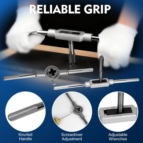 Front view of Devvicoo metric tap and die set with knurled metal handles and adjustable wrenches.