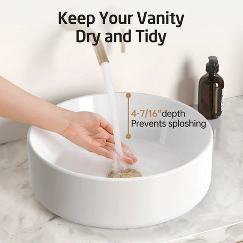 Round Vessel Sink For Bathroom 15.75 Inch Ceramic Bowl With White Gloss Finish Above Countertop preventing water splashing