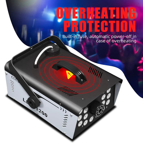 Powerful 1200W Fog Machine With 18 Bright LED Lights And Remote, featuring overheating protection with automatic power-off.