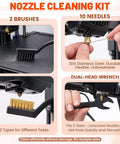Ultimate All In One 50 Piece 3D Printer Tool Kit, showing brushes, needles, dual-head wrench for nozzle cleaning, and maintenance features.