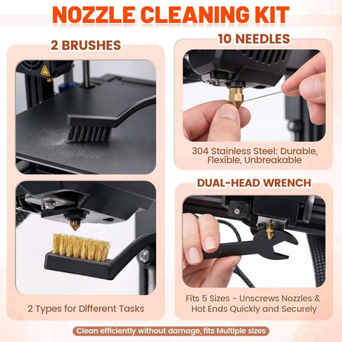 Ultimate All In One 50 Piece 3D Printer Tool Kit, showing brushes, needles, dual-head wrench for nozzle cleaning, and maintenance features.