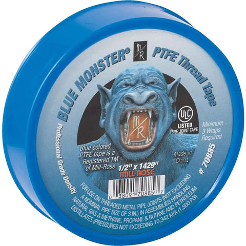 Blue Monster PTFE Pipe Thread Sealant Tape One Half Inch By 1429 Inches For All Purpose Thread Sealing With No Curing Time Compatible With Iron Brass Copper Aluminum Stainless Steel PVC CPVC ABS And More, packaging view