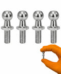 M6 Ball Stud 10mm 3 Eighths Inch Gas Spring End Fitting For Lift Supports One Half Inch Thread Length Zinc Plated Steel Ball Joint Replacement For Cabinet Toolbox Storage Box 4 Pack, shown with glove