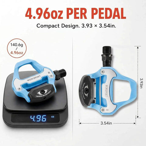 Road Bike Pedals For Look KEO System Only Lightweight Clipless Pedals With Sealed Bearings Nylon Glass Fiber Body 9 16 Inch Spindle Cleats Included Built For Indoor Spin And Speedy Road Cycling showing blue pedal design with weight on scale 4.96oz