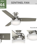 44 Inch Indoor Ceiling Fan With LED Light And Remote Control Standard Mount 3 Blades Awesome For Bedroom Living Room Or Kitchen Brushed Nickel Finish Sentinel 50394