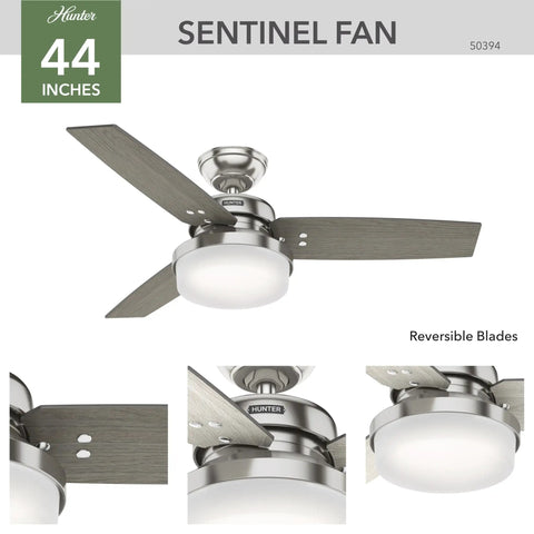 44 Inch Indoor Ceiling Fan With LED Light And Remote Control Standard Mount 3 Blades Awesome For Bedroom Living Room Or Kitchen Brushed Nickel Finish Sentinel 50394