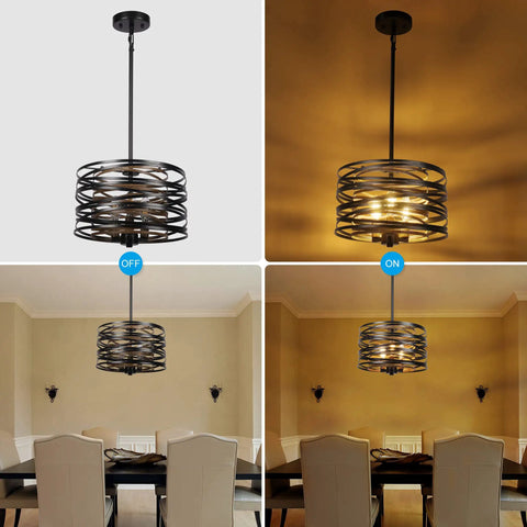 12.6 Inch Farmhouse Chandelier For Dining Room With Three Light Industrial Metal Hanging Light Fixture Rustic Drum Pendant Black