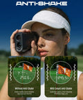 Person using Golf Rangefinder With Slope And Magnetic Stripe, Locks On Cart Bar For Quick Pin Lock on a golf course