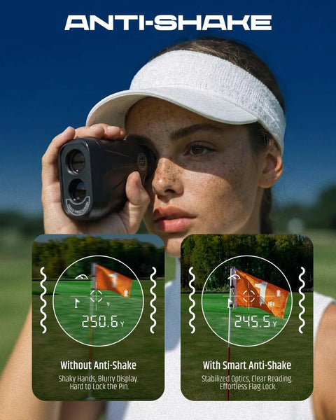 Person using Golf Rangefinder With Slope And Magnetic Stripe, Locks On Cart Bar For Quick Pin Lock on a golf course