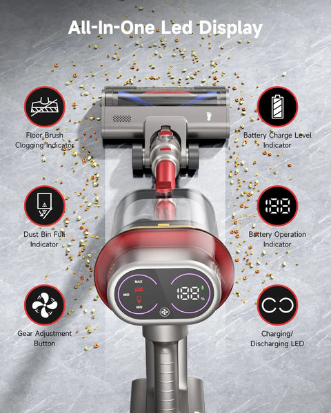 Cordless vacuum cleaner by AIPOWAY with gray body and red accents; front view shows all-in-one LED display.