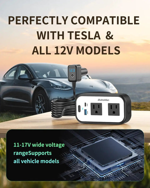 Plug Straight Into Your Ride With This Dope 300W Car Power Inverter Designed For Starlink Mini Users Plus Dual 110V AC Outlets Quick Type C Charging USB Ports And A Smart Digital Meter That Keeps Your Daily Commute Vibes Totally Smooth Today - features dual AC outlets and smart meter, compatible with Tesla and 12V models.