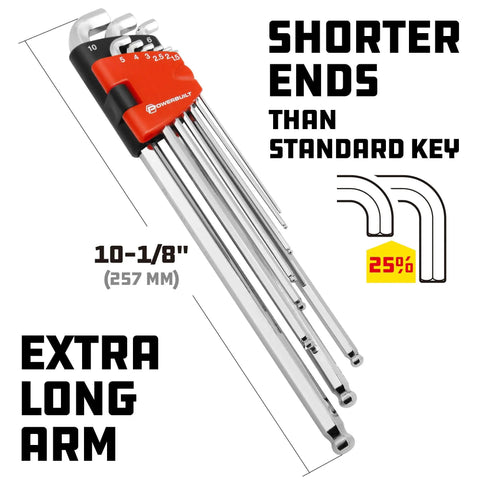 Gnarly Stubby Long Arm Ball End Hex Key Set 9 Piece Metric Allen Wrench Kit One Point Five To Ten Millimeter showing shorter ends