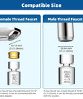 Dual Function Faucet Aerator With 360 Degree Swivel Sprayer, Easy Install, showing compatibility with 55/64 male and 15/16 female threads.