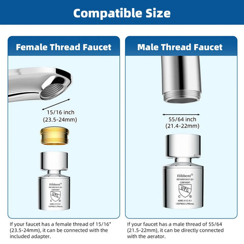 Dual Function Faucet Aerator With 360 Degree Swivel Sprayer, Easy Install, showing compatibility with 55/64 male and 15/16 female threads.