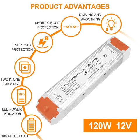 2 Pack 120W 10A Dimmable LED Power Supply Driver 110V AC To 12V DC Ultra Quiet Fanless Transformer shown with product advantages