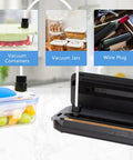 PowerVac Vacuum Sealer With Starter Kit Auto Air Sealing For Dry And Moist Modes Built In Cutter Easy Clean Storage demonstrating accessories