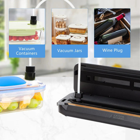 PowerVac Vacuum Sealer With Starter Kit Auto Air Sealing For Dry And Moist Modes Built In Cutter Easy Clean Storage demonstrating accessories