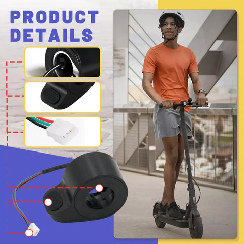 Universal Thumb Throttle For Electric Scooters Replaces Speed Controller For Gotrax GXL V2 Apex Series Hibo S2 And S2 Pro Megawheel S10 Easy Install Smooth Acceleration Durable Replacement Part For Booster Scooters Plug And Play shown with product details and rider.