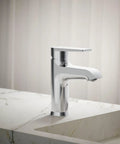 Hint Single-Handle Bathroom Sink Faucet With Ceramic Disc Valve, 1.2 GPM, Polished Chrome installed on marble sink top