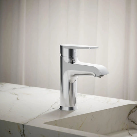 Hint Single-Handle Bathroom Sink Faucet With Ceramic Disc Valve, 1.2 GPM, Polished Chrome installed on marble sink top