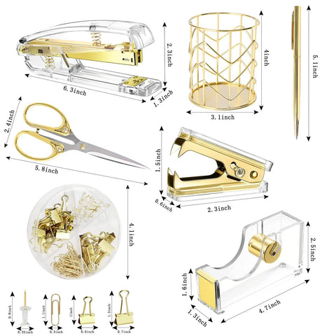 Gold Desk Accessories Set With Acrylic Stapler, Staple Remover, Tape And Pen Holder, 2 Ballpoint Pens, Scissors, Binder Clips, Paper Clips And 1000 Staples For Quick, Neat Office Organization And Busy Workdays, shown with dimensions