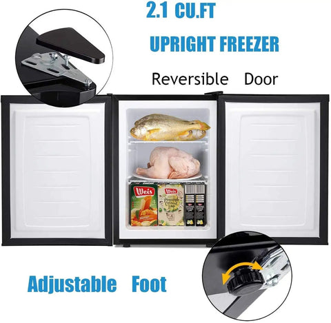 Chill Out With This Sick Compact Upright Freezer Featuring A Practical 2.1 Cu Ft Layout, showing reversible door and interior storage.