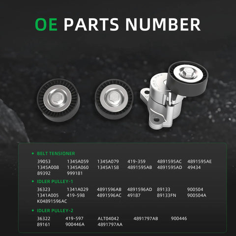 High Performance Drive Belt Tensioner And Pulley Kit For Dodge Journey Ram 2009-2017 with idler pulleys and part numbers.