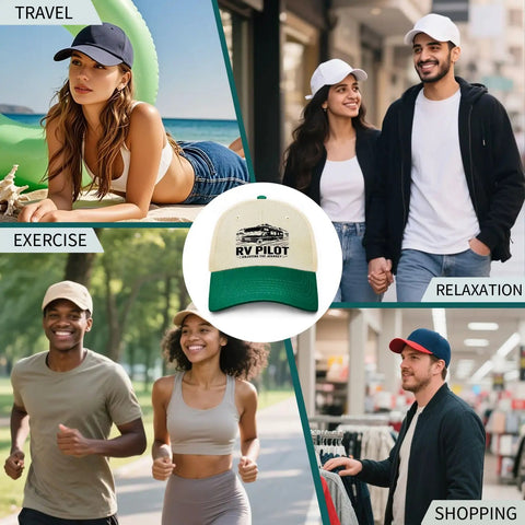 Dope RV Pilot Hat For Road Trips And Camping Adventures, beige cap with green brim shown in various outdoor activities